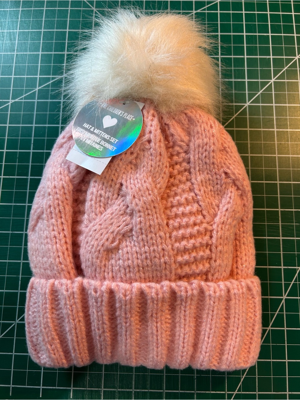 The Children's Place Soft Pink Cable-Knit Pom Hat with Mittens